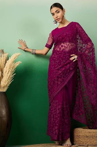 Purple embroidered floral saree