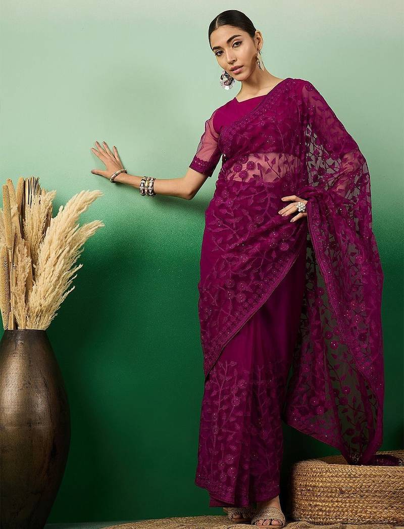 Purple embroidered floral saree
