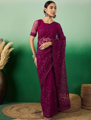 Purple embroidered floral saree 2