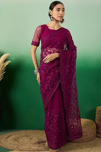 Purple embroidered floral saree