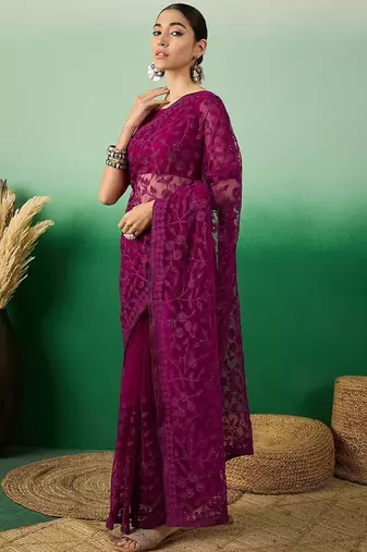 Purple embroidered floral saree