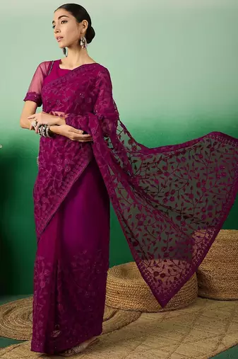 Purple embroidered floral saree