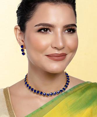 Women's synthetic stone studded blue necklace & drop earrings set jewelry for 1