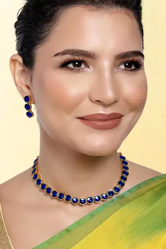Women's synthetic stone studded blue necklace & drop earrings set jewelry for