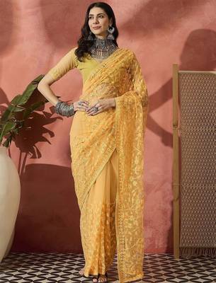 Yellow embroidered saree with blouse piece 1