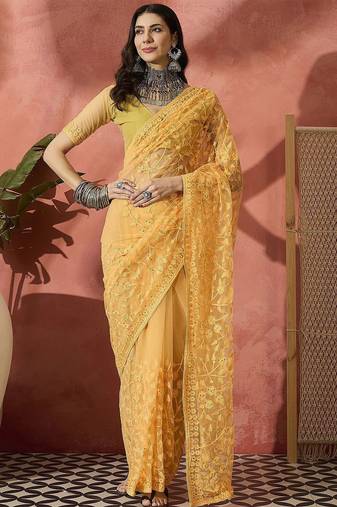 Yellow embroidered saree with blouse piece