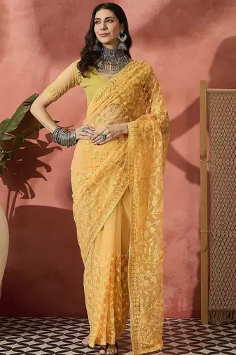 Yellow embroidered saree with blouse piece