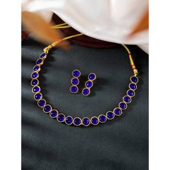 Women's synthetic stone studded blue necklace & drop earrings set jewelry for 2