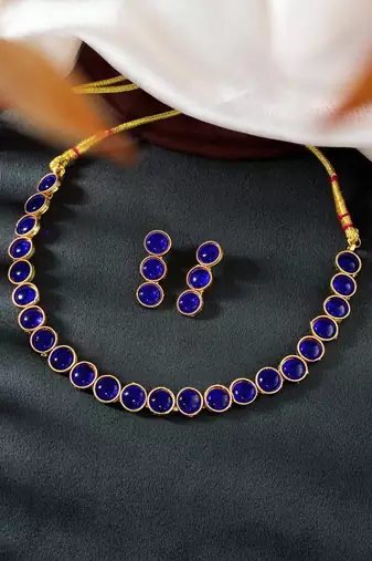 Women's synthetic stone studded blue necklace & drop earrings set jewelry for