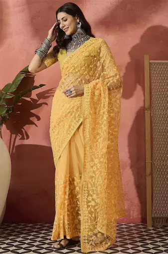 Yellow embroidered saree with blouse piece
