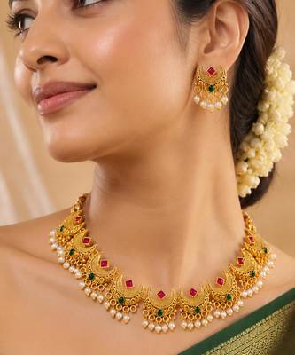 Women's ethnic ruby emerald beads studded necklace earrings set for women 1
