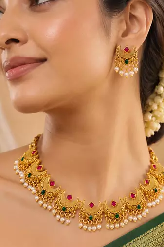 Women's ethnic ruby emerald beads studded necklace earrings set for women
