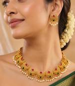 Women's ethnic ruby emerald beads studded necklace earrings set for women