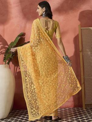 Yellow embroidered saree with blouse piece 3