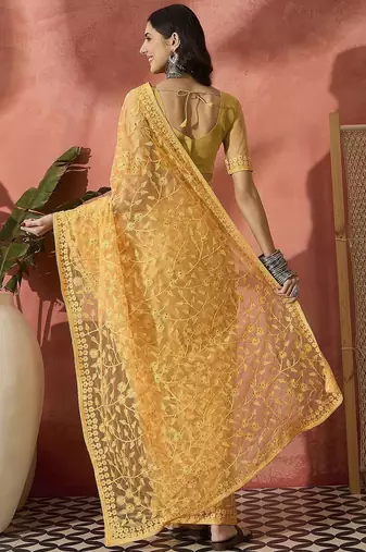 Yellow embroidered saree with blouse piece