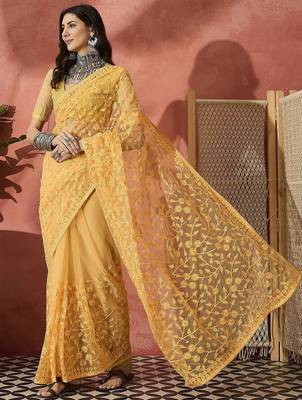 Yellow embroidered saree with blouse piece 4