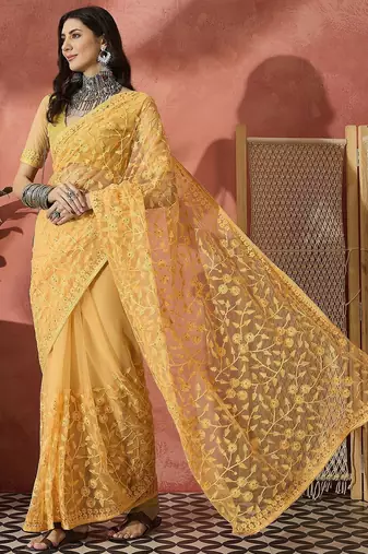 Yellow embroidered saree with blouse piece
