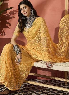 Yellow embroidered saree with blouse piece 5