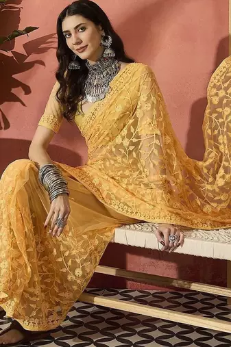 Yellow embroidered saree with blouse piece