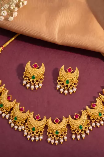 Women's ethnic ruby emerald beads studded necklace earrings set for women