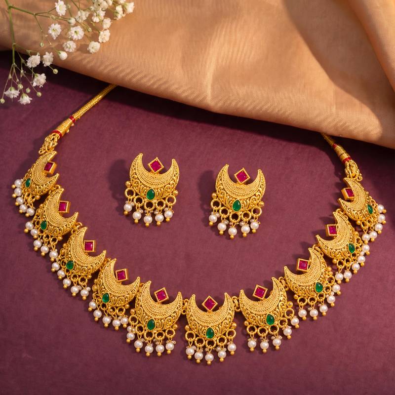 Women's ethnic ruby emerald beads studded necklace earrings set for women