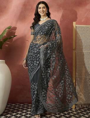 Grey embroidered saree with blouse piece 1