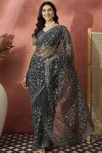 Grey embroidered saree with blouse piece