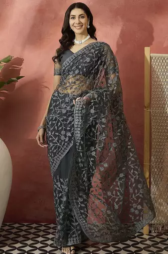 Grey embroidered saree with blouse piece
