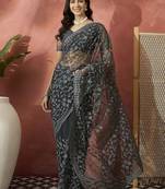 Grey embroidered saree with blouse piece