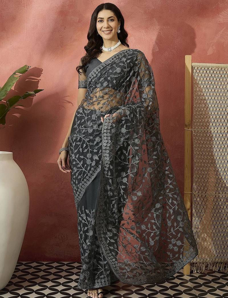 Grey embroidered saree with blouse piece