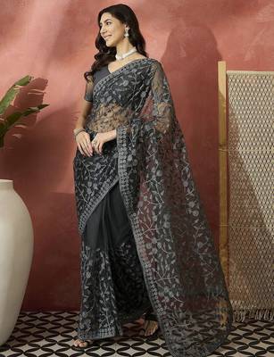 Grey embroidered saree with blouse piece 2