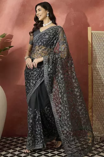 Grey embroidered saree with blouse piece