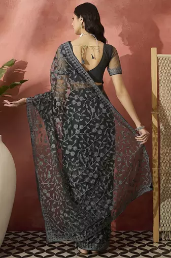 Grey embroidered saree with blouse piece