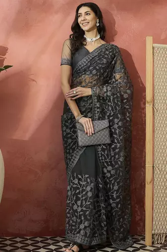 Grey embroidered saree with blouse piece