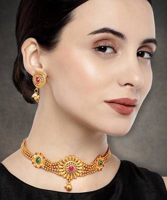 Beaded chain floral choker necklace with earrings jewelry set 1