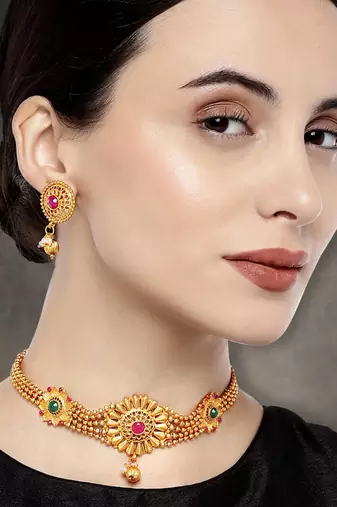 Beaded chain floral choker necklace with earrings jewelry set
