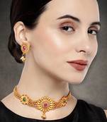 Beaded chain floral choker necklace with earrings jewelry set