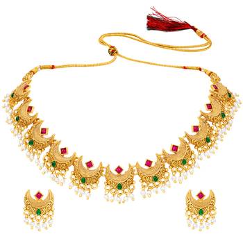 Women's ethnic ruby emerald beads studded necklace earrings set for women 5