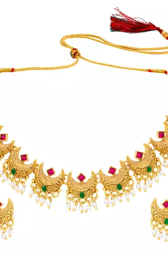 Women's ethnic ruby emerald beads studded necklace earrings set for women
