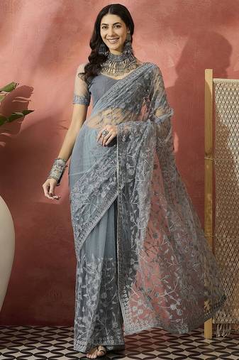Grey embroidered saree with blouse piece