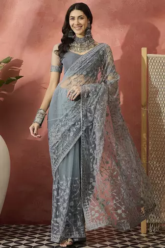 Grey embroidered saree with blouse piece
