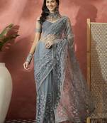Grey embroidered saree with blouse piece