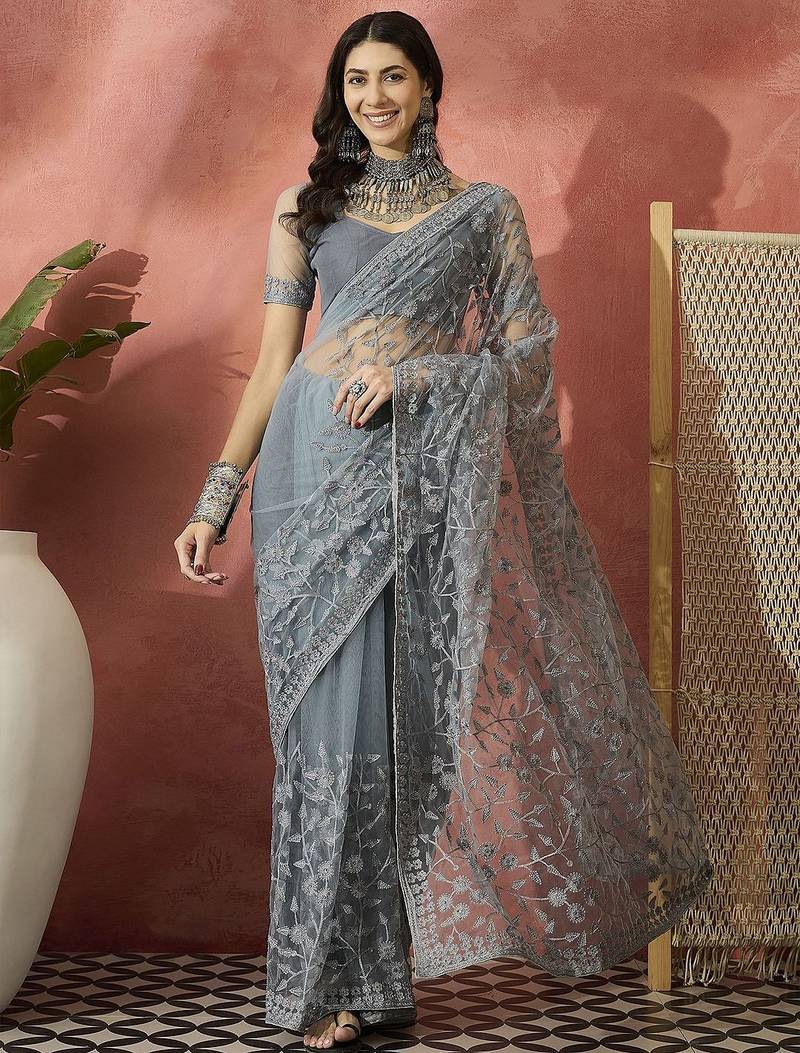 Grey embroidered saree with blouse piece