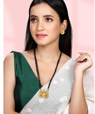 Women's rani pink green synthetic stone studded mangalsutra necklace with 1