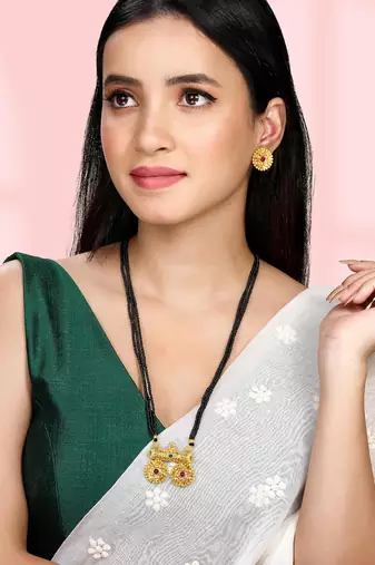Women's rani pink green synthetic stone studded mangalsutra necklace with