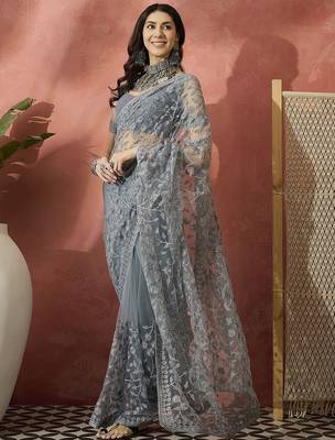 Grey embroidered saree with blouse piece 2