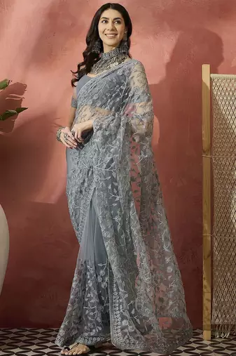 Grey embroidered saree with blouse piece