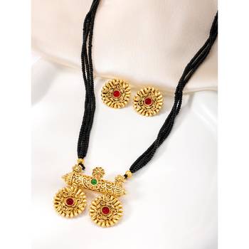 Women's rani pink green synthetic stone studded mangalsutra necklace with 2