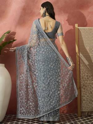 Grey embroidered saree with blouse piece 3