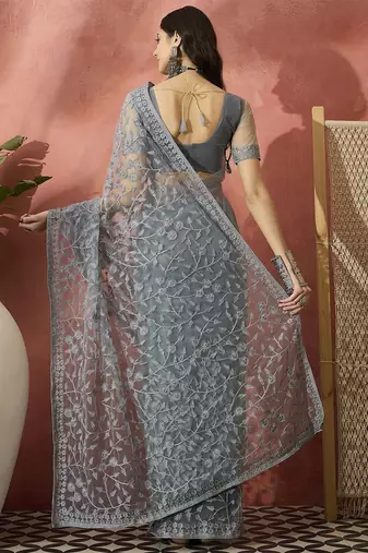 Grey embroidered saree with blouse piece
